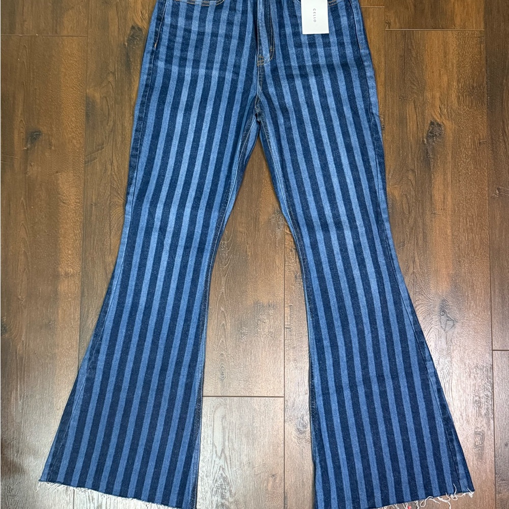 Cello High-Rise Dark Blue Striped Flare Jeans Stretch (NWT)
